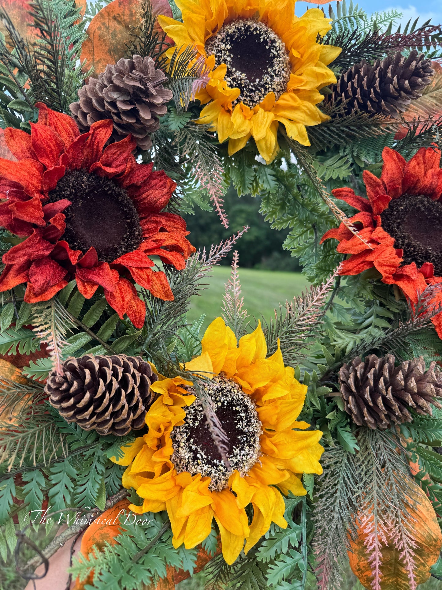 24” Fall Wreath with Sunflowers , Fall Foliage & Wispy Branches wreath - fall sunflower wreath