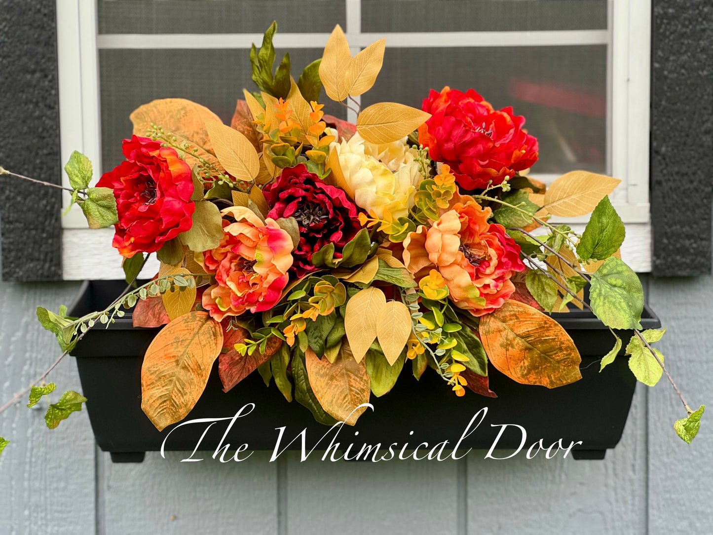 window planter flowers- drop in urn filler - urn filler - fall peony window box - Sunset on Summer