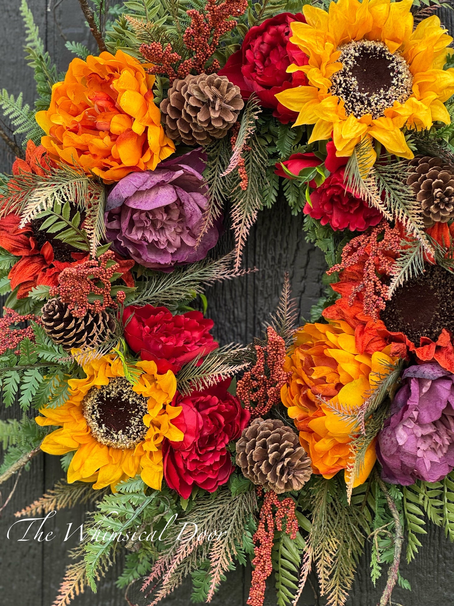 Fall Sunflower and Peony Wreath | Autumn Door Wreath with Fall Foliage & Greenery | Rustic Front Door Decor | Fall Wreath for Porch