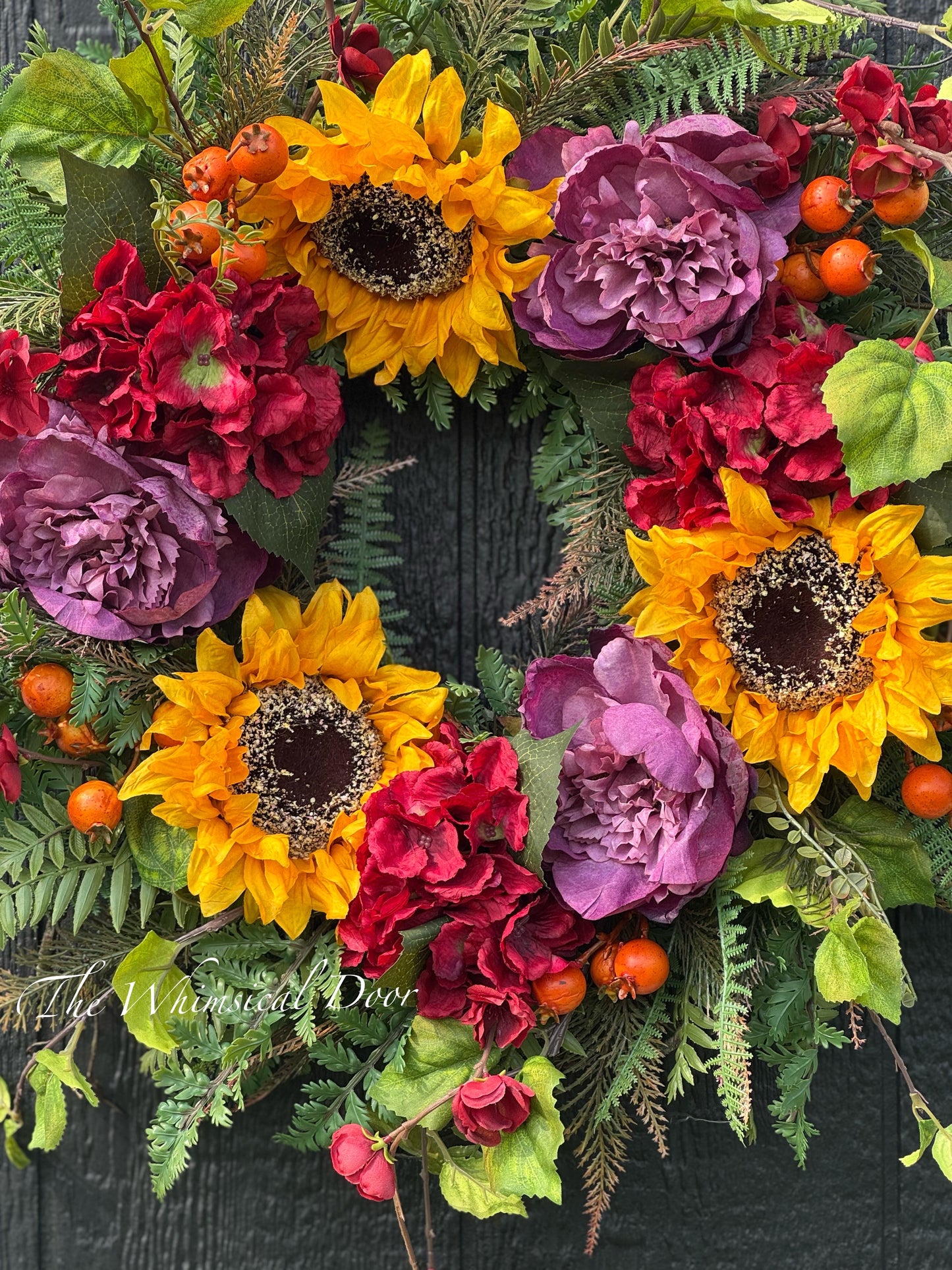 Fall Wreath with Peony, Hydrangea & Sunflowers – Autumn Door Decor - New for Fall wreath -