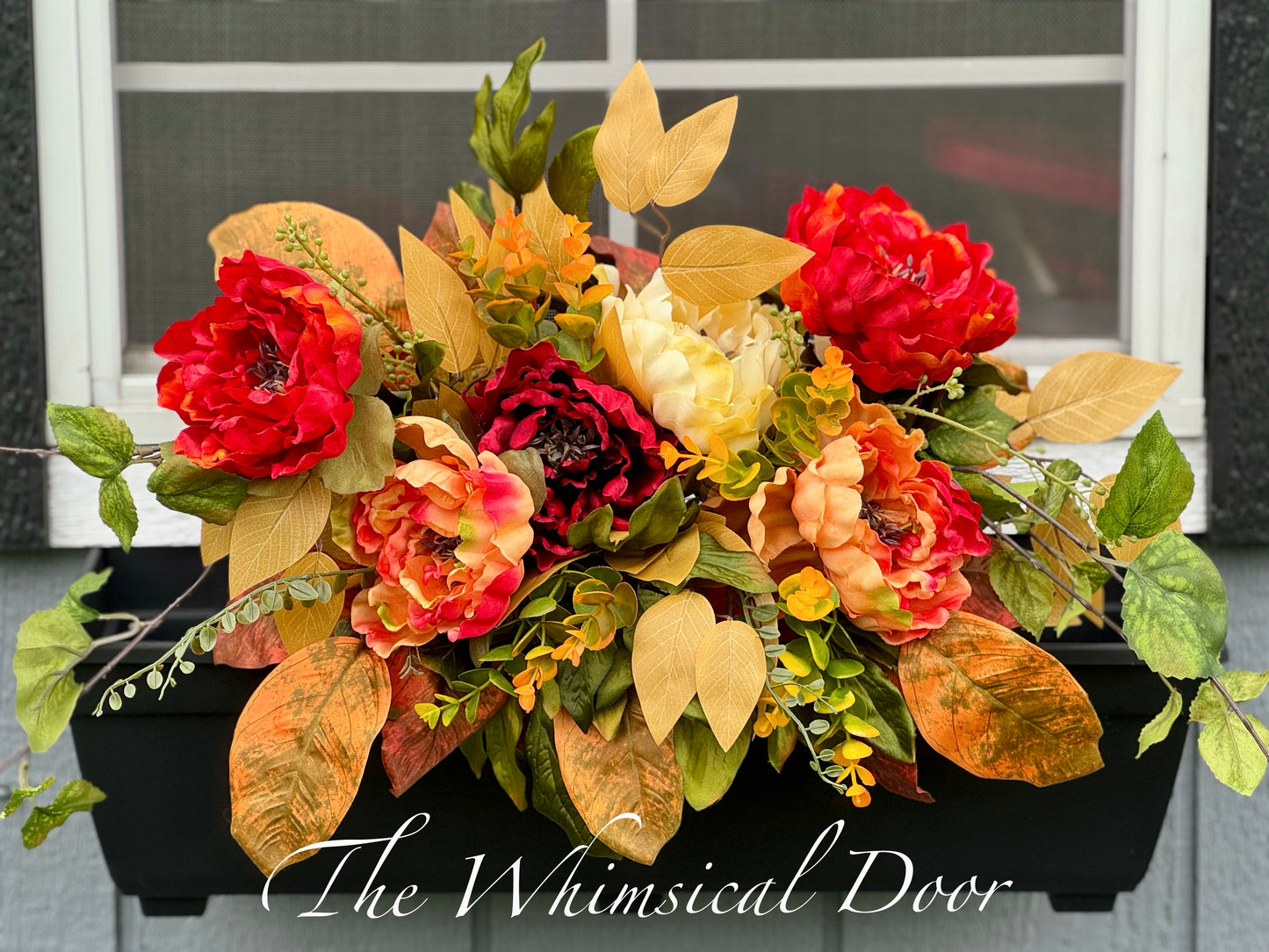 window planter flowers- drop in urn filler - urn filler - fall peony window box - Sunset on Summer