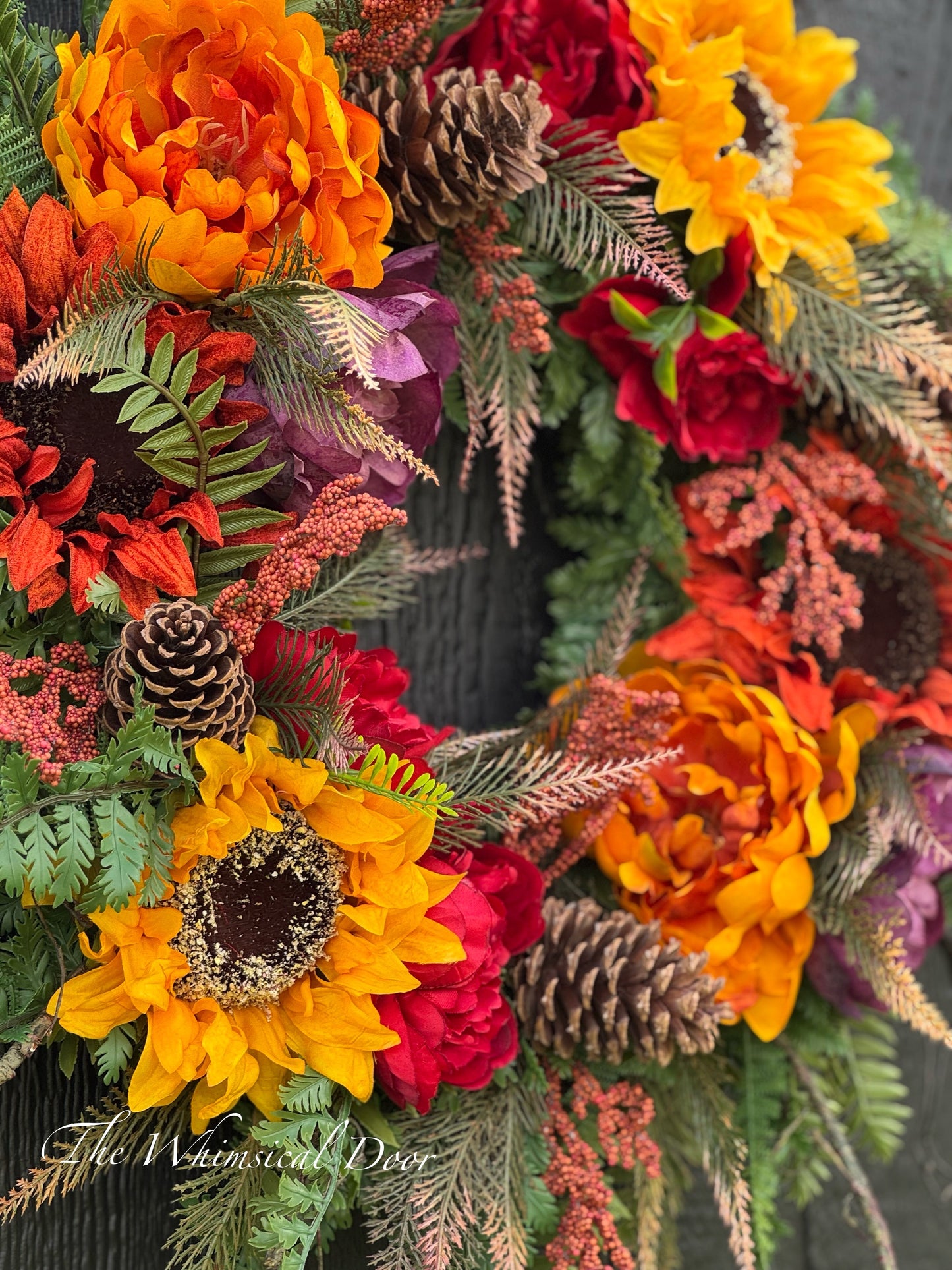 Fall Sunflower and Peony Wreath | Autumn Door Wreath with Fall Foliage & Greenery | Rustic Front Door Decor | Fall Wreath for Porch