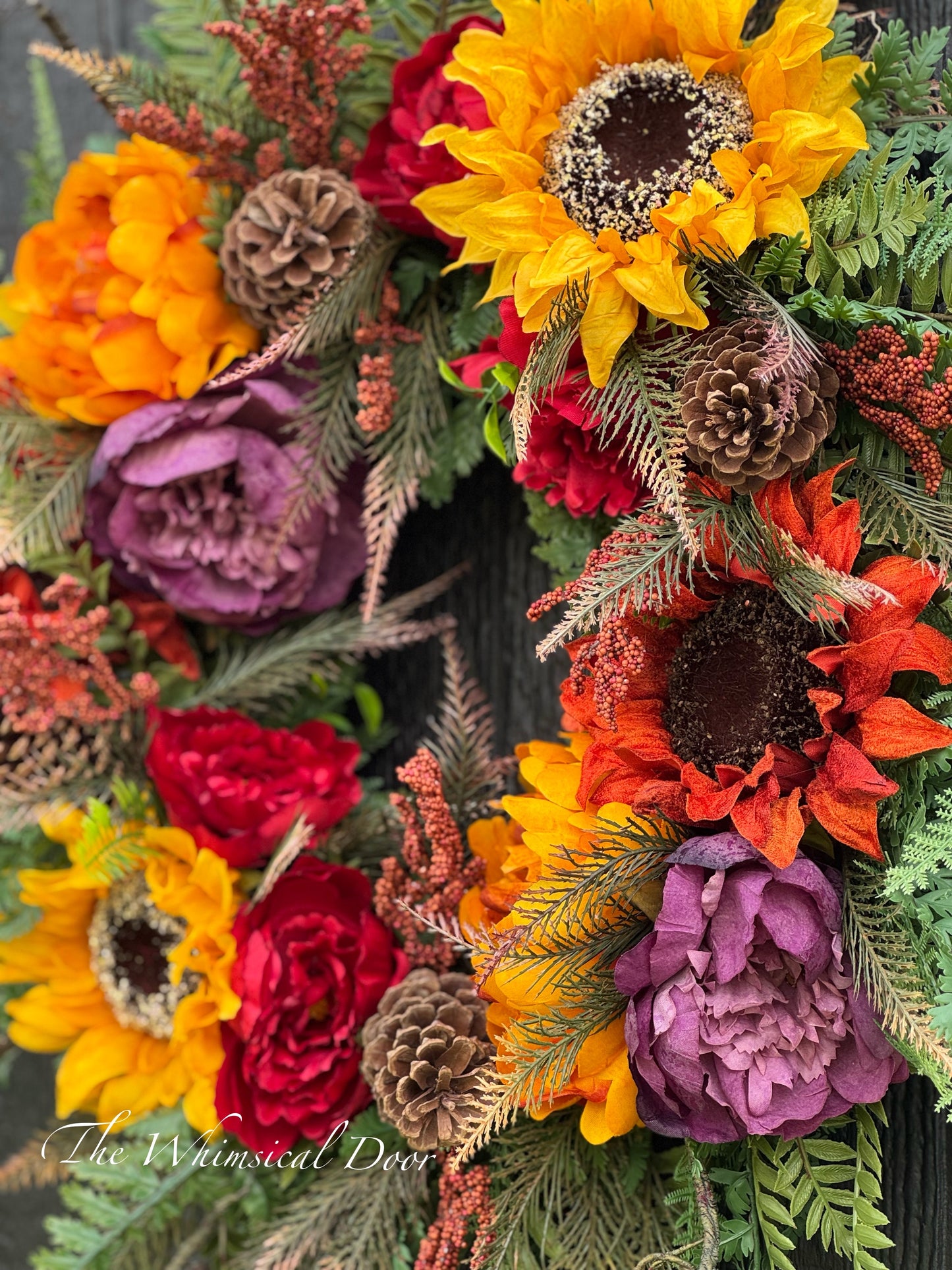 Fall Sunflower and Peony Wreath | Autumn Door Wreath with Fall Foliage & Greenery | Rustic Front Door Decor | Fall Wreath for Porch
