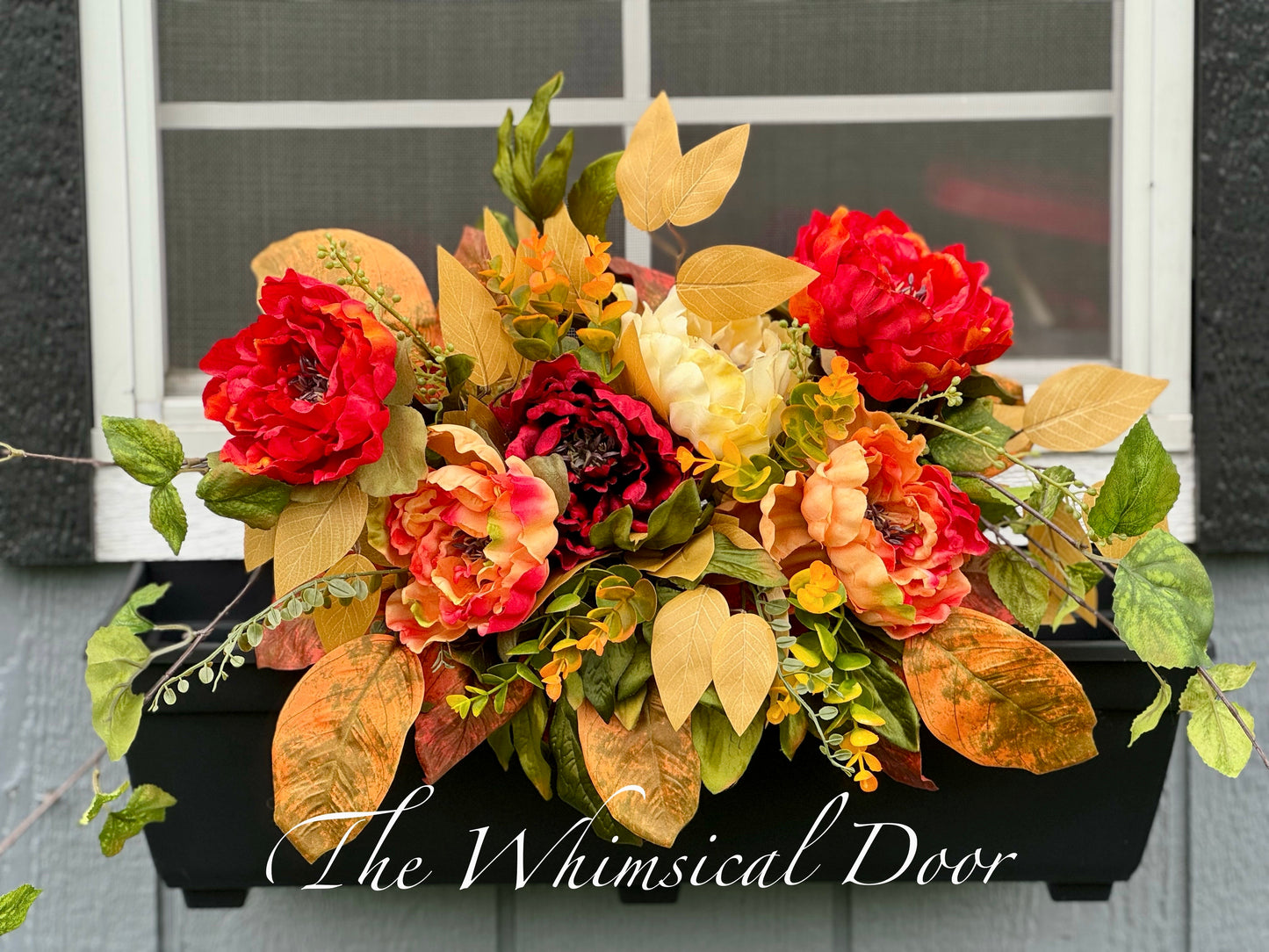 window planter flowers- drop in urn filler - urn filler - fall peony window box - Sunset on Summer