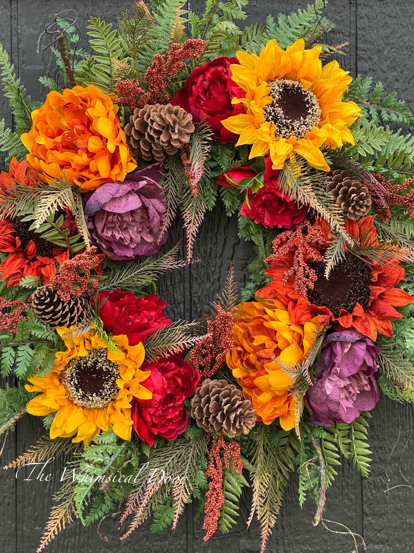 Fall Sunflower and Peony Wreath | Autumn Door Wreath with Fall Foliage & Greenery | Rustic Front Door Decor | Fall Wreath for Porch