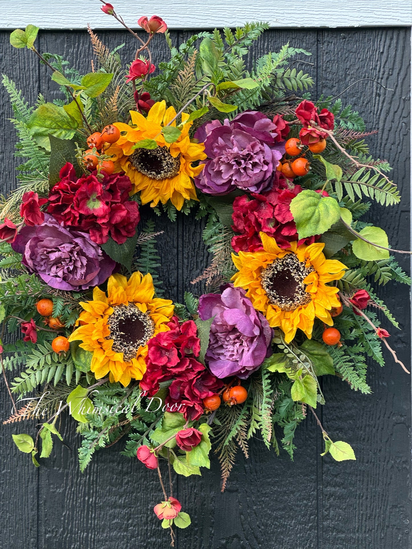 Fall Wreath with Peony, Hydrangea & Sunflowers – Autumn Door Decor - New for Fall wreath -