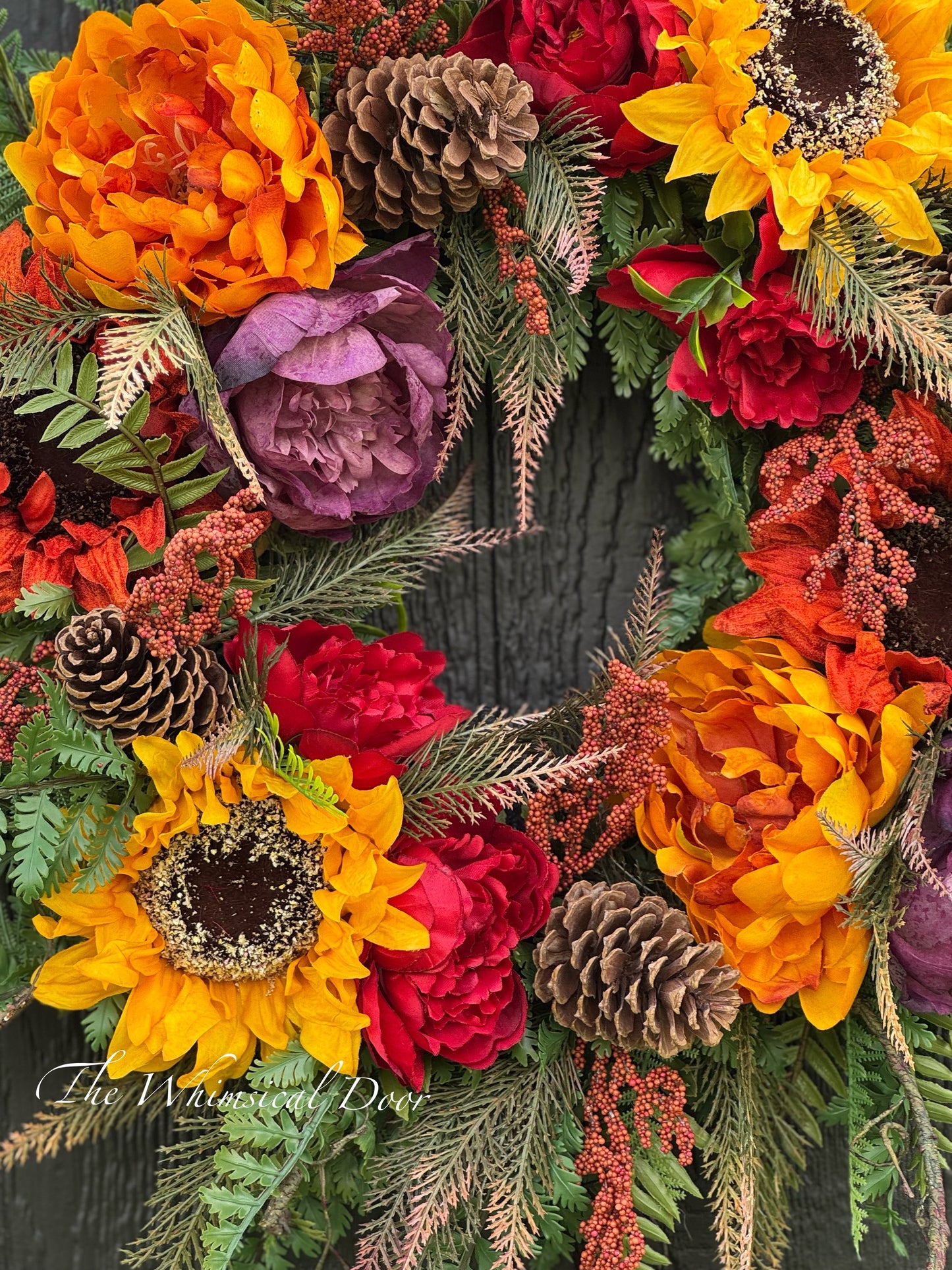 Fall Sunflower and Peony Wreath | Autumn Door Wreath with Fall Foliage & Greenery | Rustic Front Door Decor | Fall Wreath for Porch