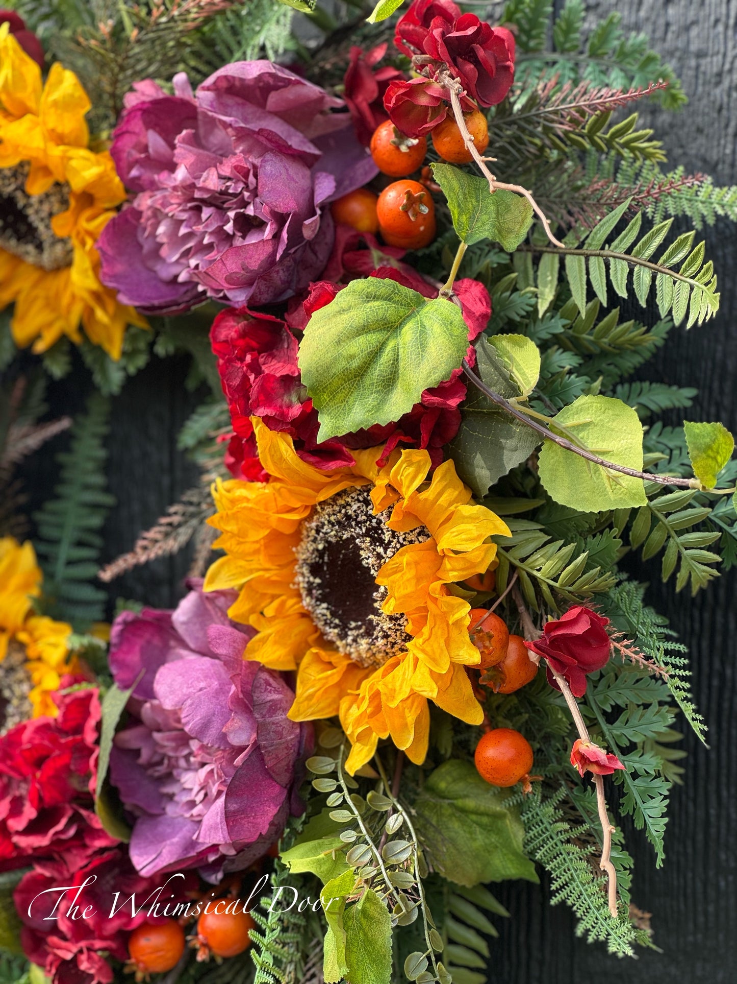 Fall Wreath with Peony, Hydrangea & Sunflowers – Autumn Door Decor - New for Fall wreath -