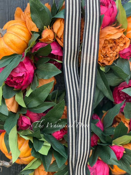 Red and Copper peony wreath with pumpkins - Fall wreath