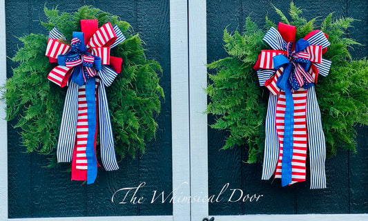 24” Fern Wreath with Patriotic Bow – Americana Front Door Wreath – Fourth of July Decor – Summer Porch Wreath – Red White and Blue Wreath