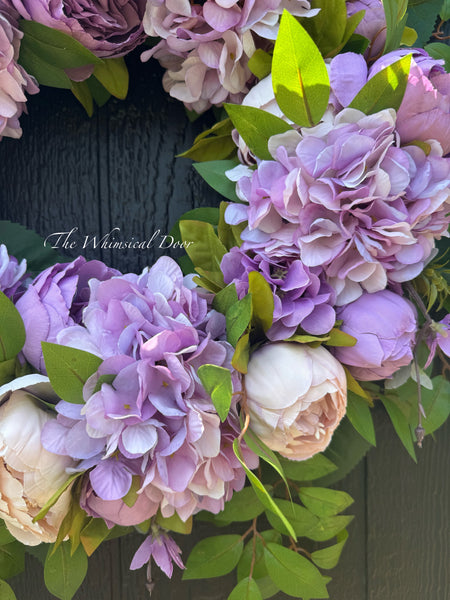 Wispy peony and hydrangea wreath