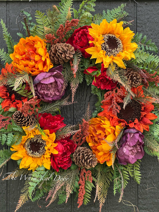 Fall Sunflower and Peony Wreath | Autumn Door Wreath with Fall Foliage & Greenery | Rustic Front Door Decor |  Fall Wreath for Porch