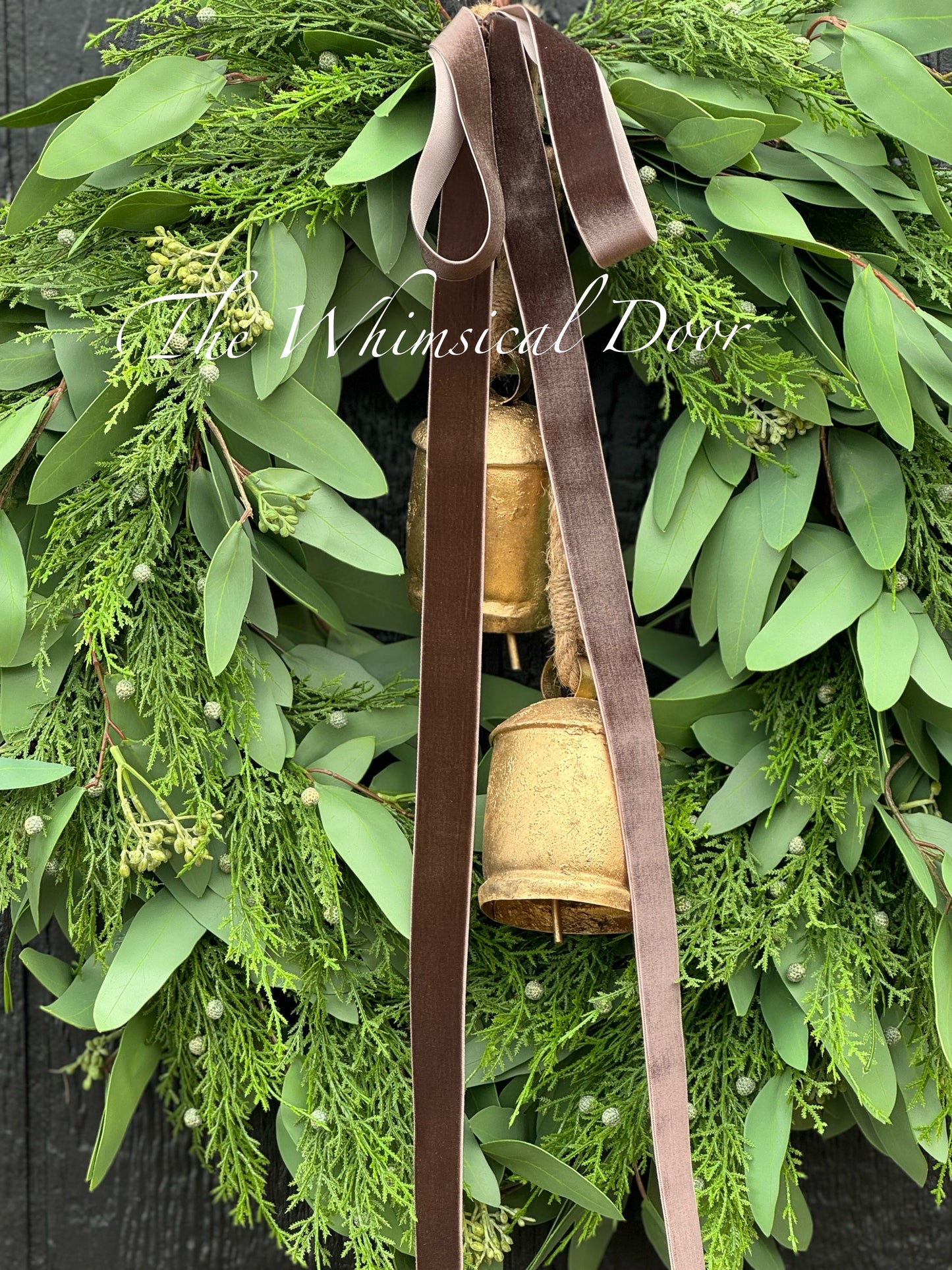 Willow and Juniper wreath with brown velvet bow