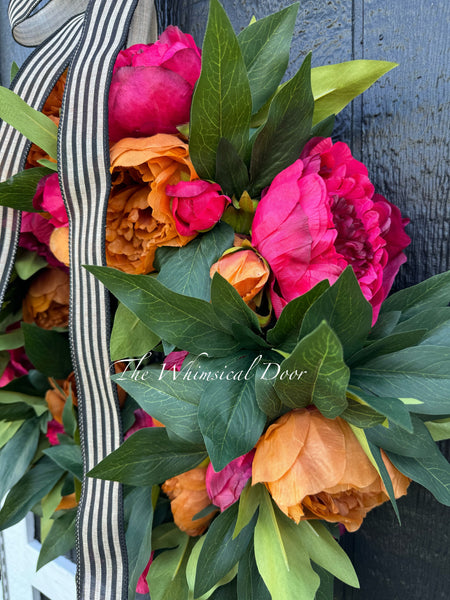 Red and Copper peony wreath with pumpkins - Fall wreath