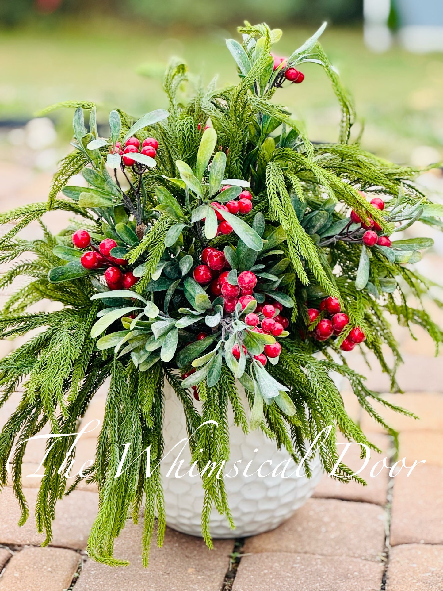 Natural Touch Norfolk Pine -  Large Outdoor Planter - Winter Urn Filler Arrangement with Mistletoe
