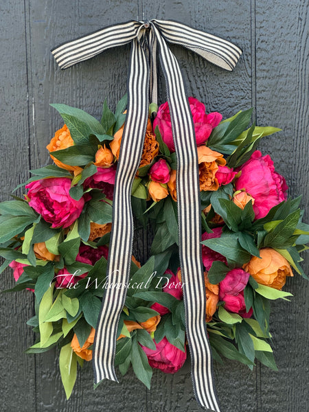 Red and Copper peony wreath with pumpkins - Fall wreath