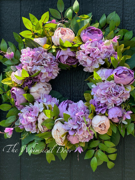 Wispy peony and hydrangea wreath