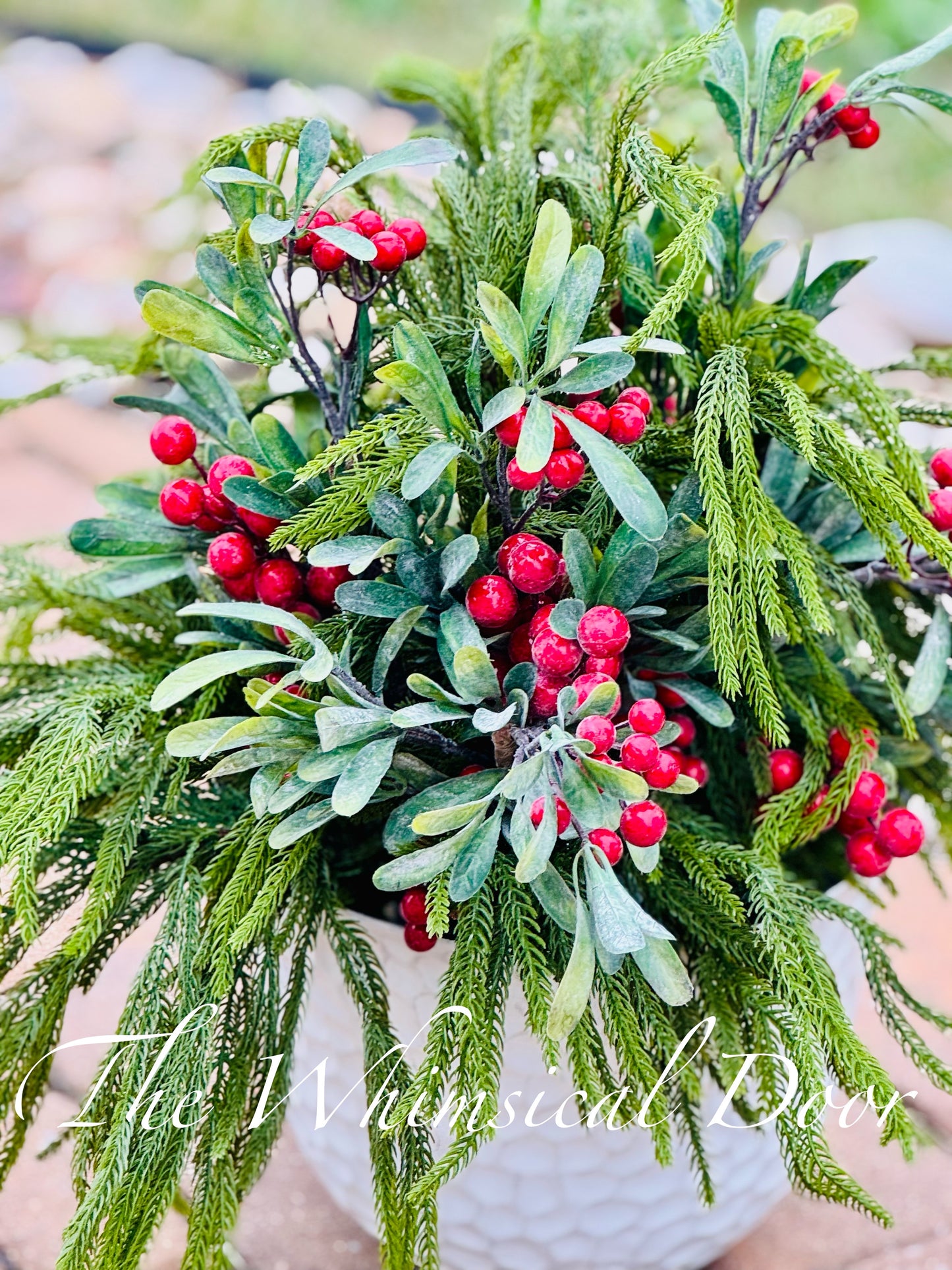 Natural Touch Norfolk Pine -  Large Outdoor Planter - Winter Urn Filler Arrangement with Mistletoe