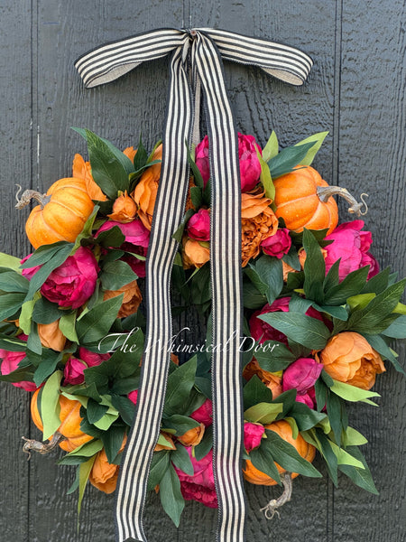 Red and Copper peony wreath with pumpkins - Fall wreath