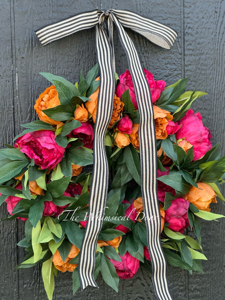 Red and Copper peony wreath with pumpkins - Fall wreath