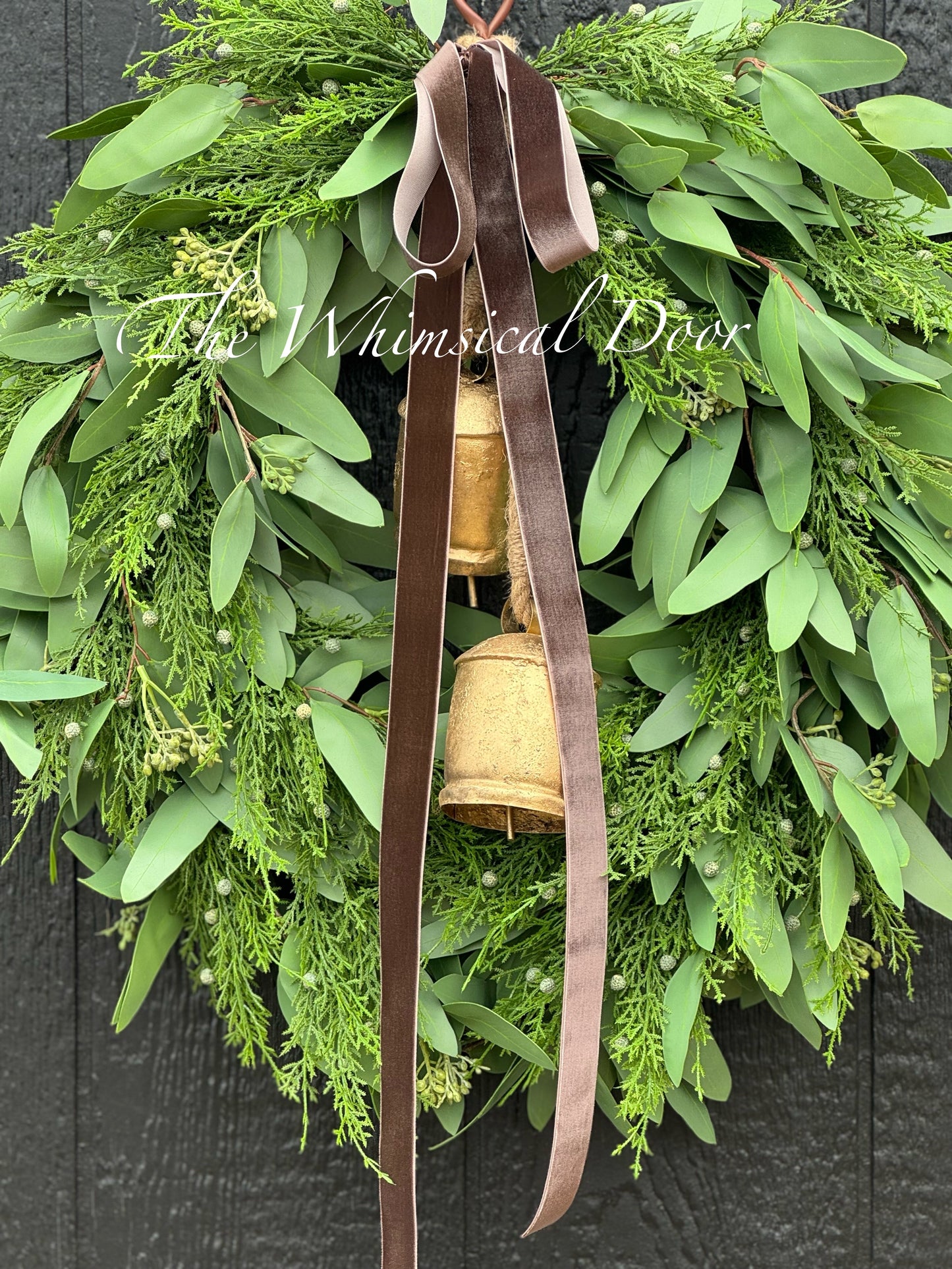 Willow and Juniper wreath with brown velvet bow