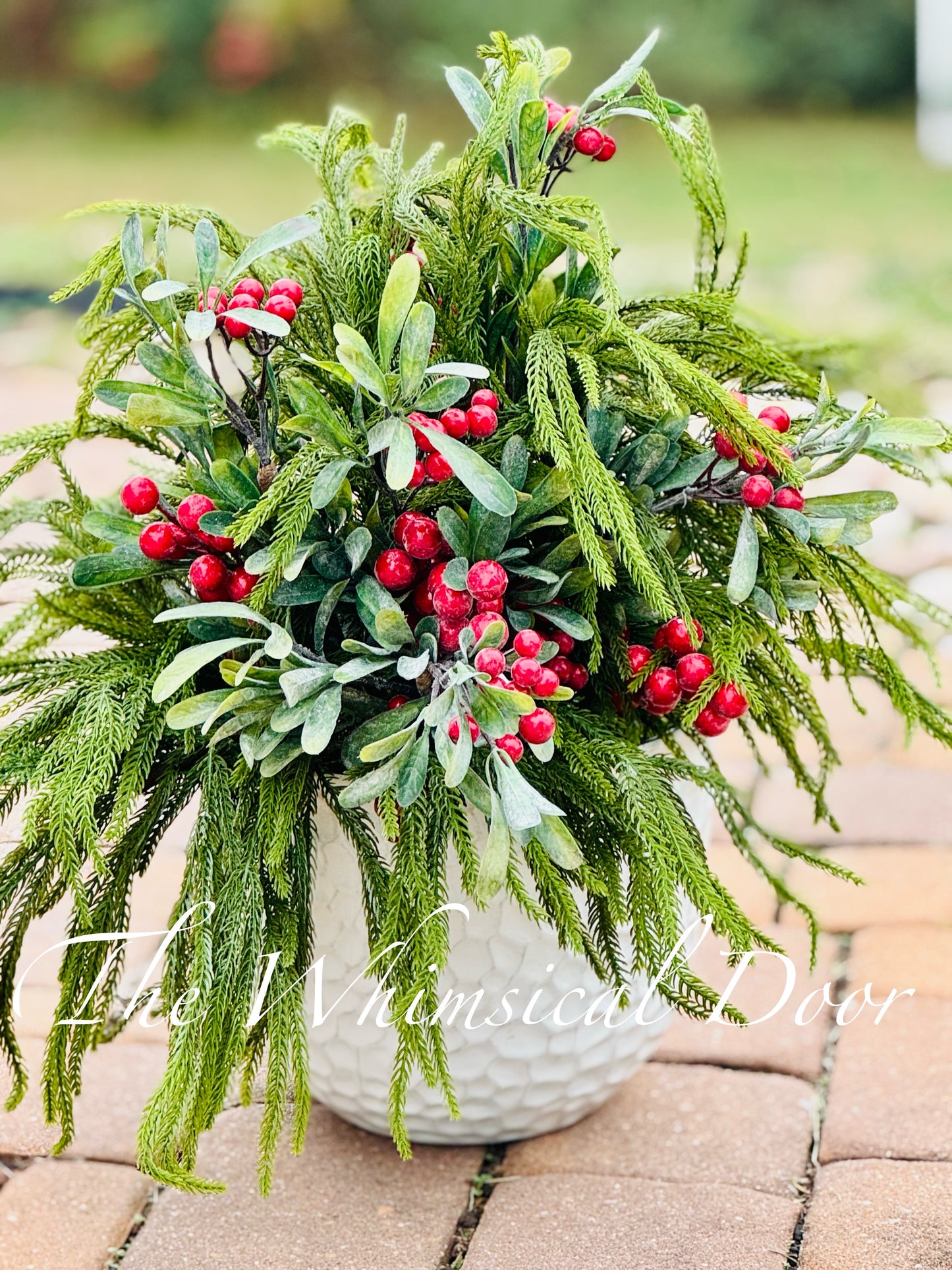 Natural Touch Norfolk Pine -  Large Outdoor Planter - Winter Urn Filler Arrangement with Mistletoe