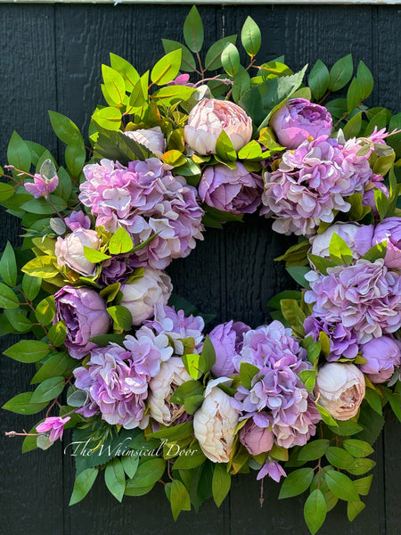 Wispy peony and hydrangea wreath