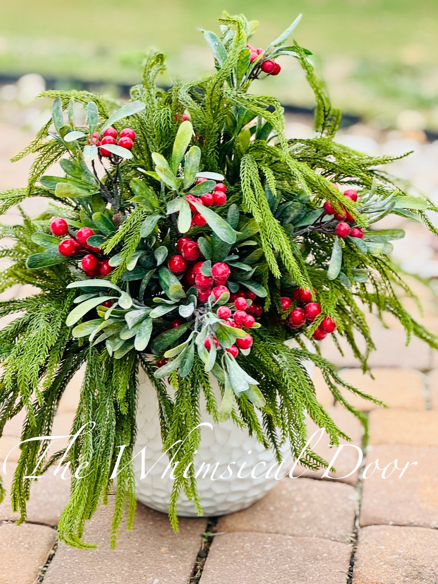 Natural Touch Norfolk Pine -  Large Outdoor Planter - Winter Urn Filler Arrangement with Mistletoe
