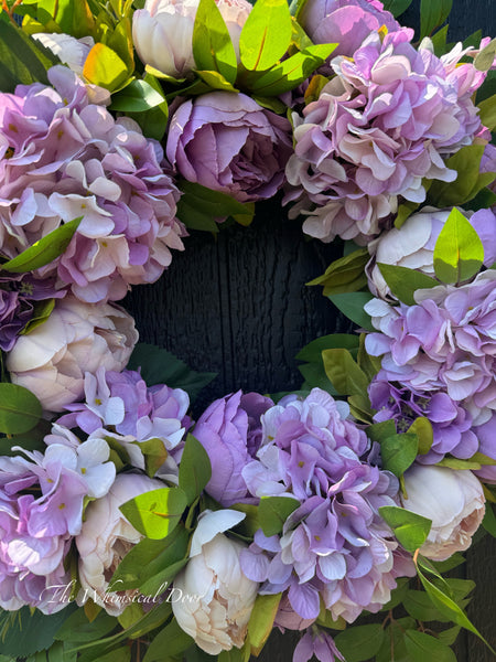 Wispy peony and hydrangea wreath