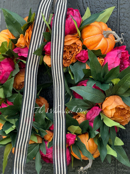 Red and Copper peony wreath with pumpkins - Fall wreath