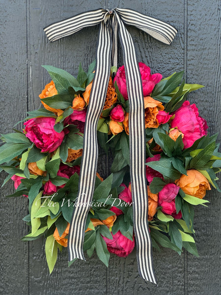 Red and Copper peony wreath with pumpkins - Fall wreath