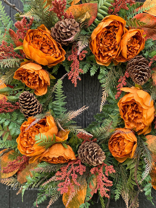 Peony and Pinecone rustic fall wreath,   Fall Door Wreath, BEST SELLER Peony Wreath, Front Door Wreaths, Holiday Wreaths for Decorating