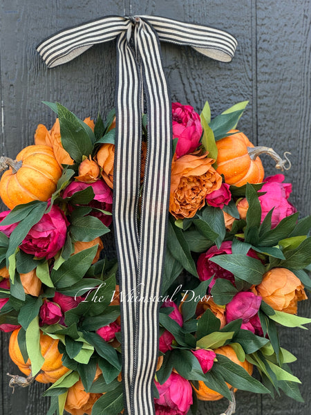 Red and Copper peony wreath with pumpkins - Fall wreath