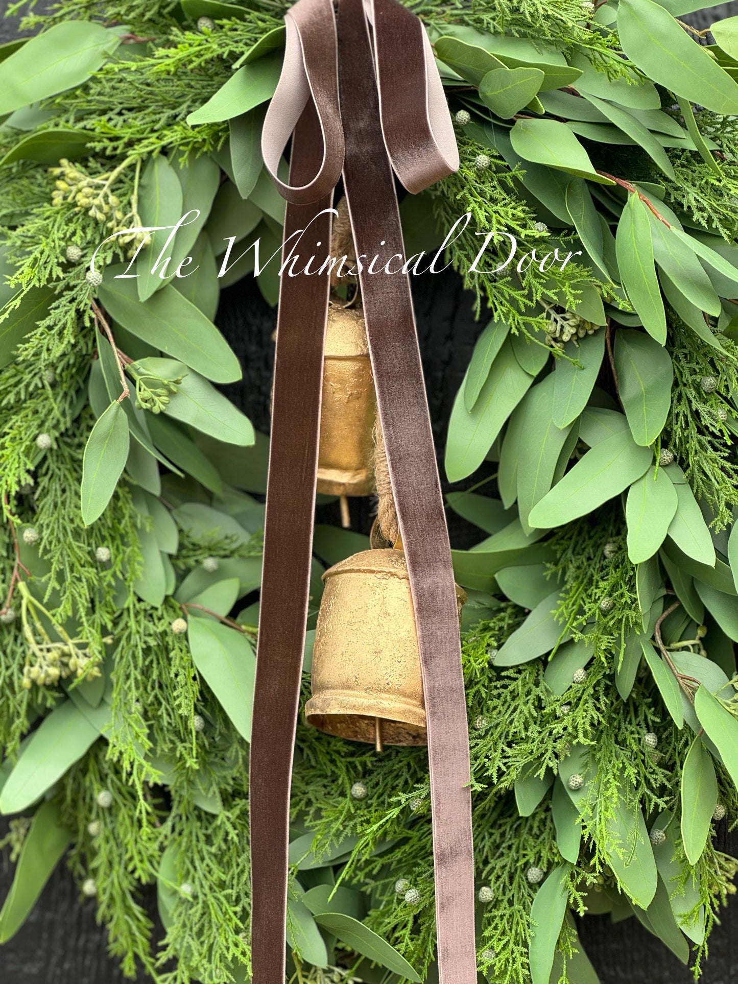 Willow and Juniper wreath with brown velvet bow