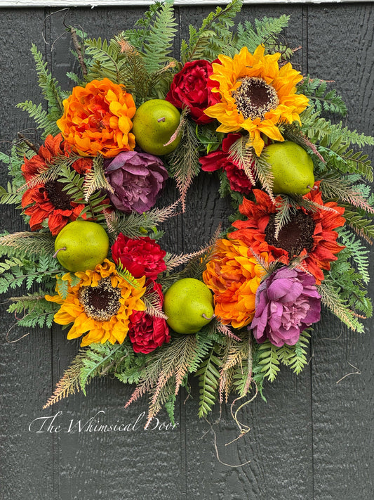 Fall Sunflower Wreath | Autumn Door Wreath with Fall Foliage & Greenery | Rustic Front Door Decor |  Fall Wreath for Porch