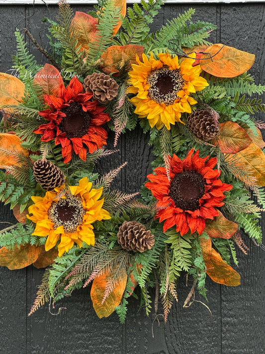 24” Fall Wreath with Sunflowers , Fall Foliage & Wispy Branches wreath - fall sunflower wreath