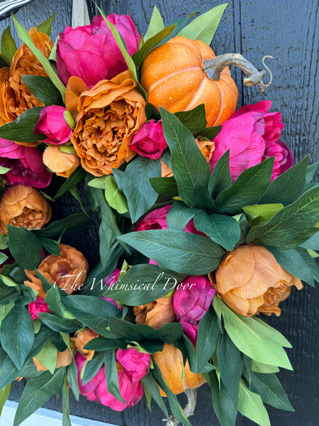 Red and Copper peony wreath with pumpkins - Fall wreath