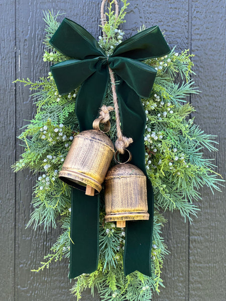 Green Velvet bow wreath - Juniper and velvet winter swag