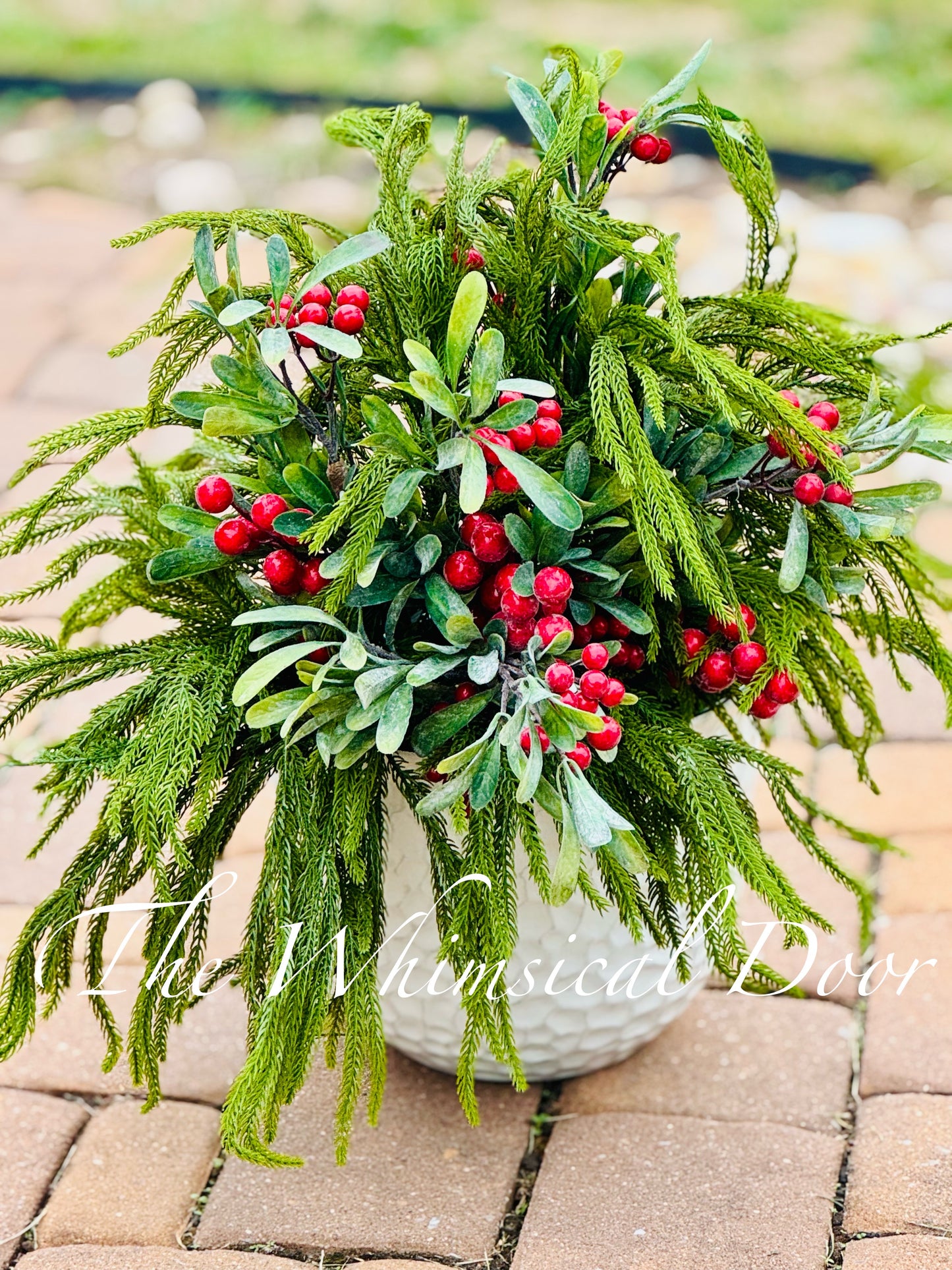 Natural Touch Norfolk Pine -  Large Outdoor Planter - Winter Urn Filler Arrangement with Mistletoe