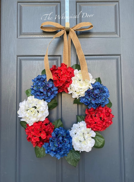 Hydrangea wreath- Memorial Day wreath- patriotic wreath