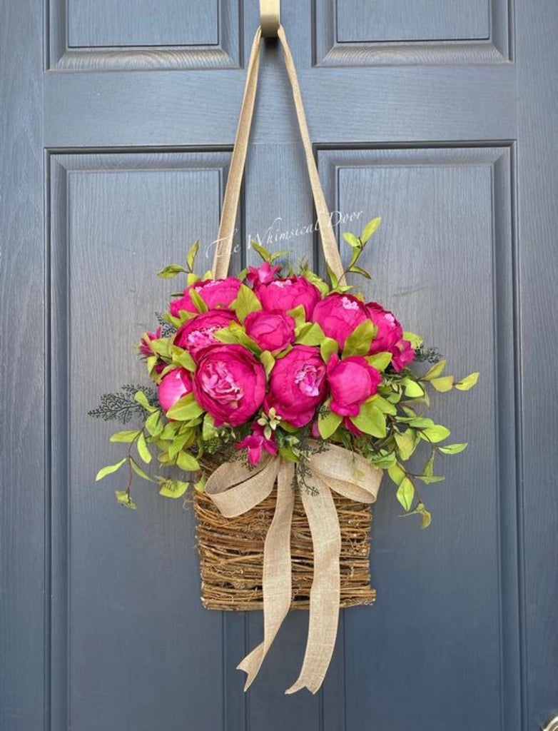 Peony basket wreath- peony wreath - spring wreath – The Whimsical Door