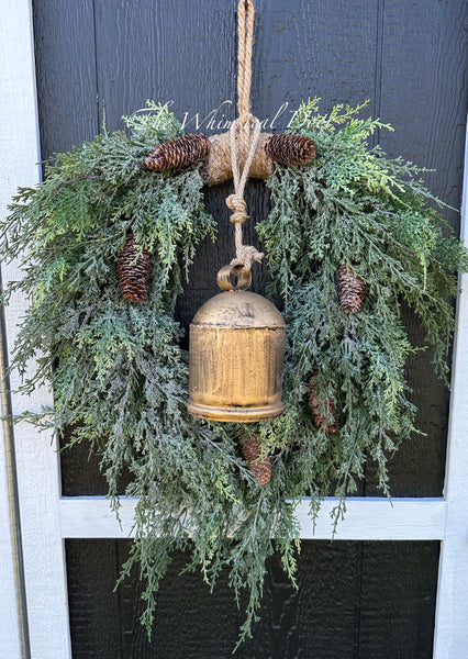 24” Winter Christmas wreath with bells- frosted juniper wreath