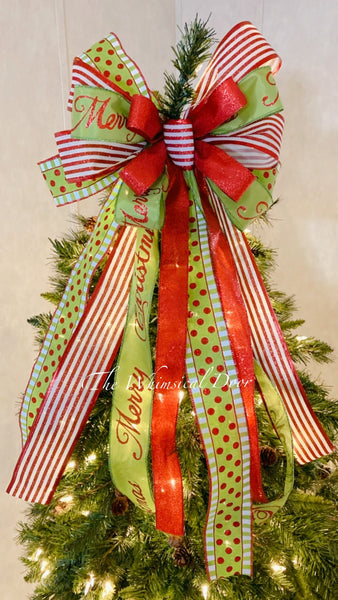 Red and green bow- Whimsical tree topper bow