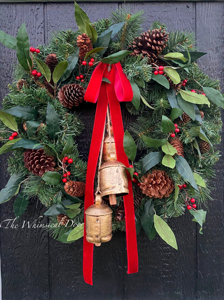 Red velvet and Eucalyptus Christmas wreath- Christmas wreath with bells