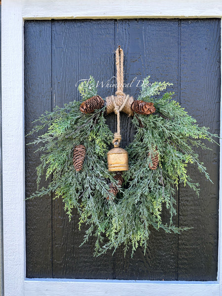18”Winter Christmas wreath with bells- frosted juniper wreath
