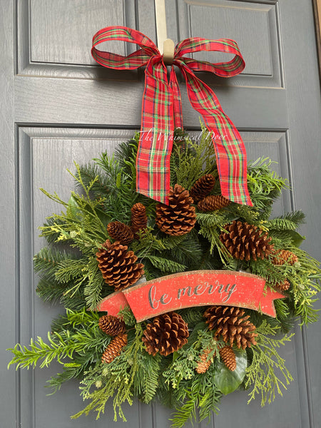 Merry Christmas wreath- winter greens wreath